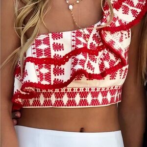 Alexis one shoulder ruffled crop top.